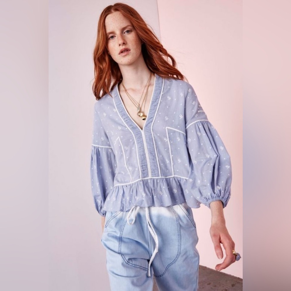 Ulla Johnson Etienne Blouse Chambray Floral Embroidered Swiss Dot